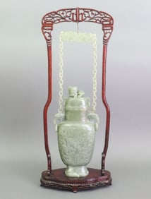 CHINESE GREEN NEPHRITE JADE HANGING VASE W/STAND