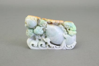 CHINESE JADEITE JADE FISH CARVING W/LOTUS & WAVES