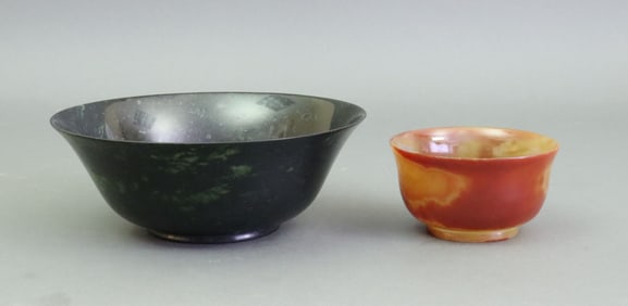 (2) BOWLS - MOSS NEPHRITE JADE & CARNELIAN AGATE