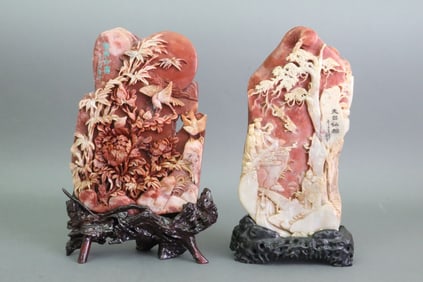 (2) LARGE ENGRAVED SOAPSTONE TABLET CARVINGS