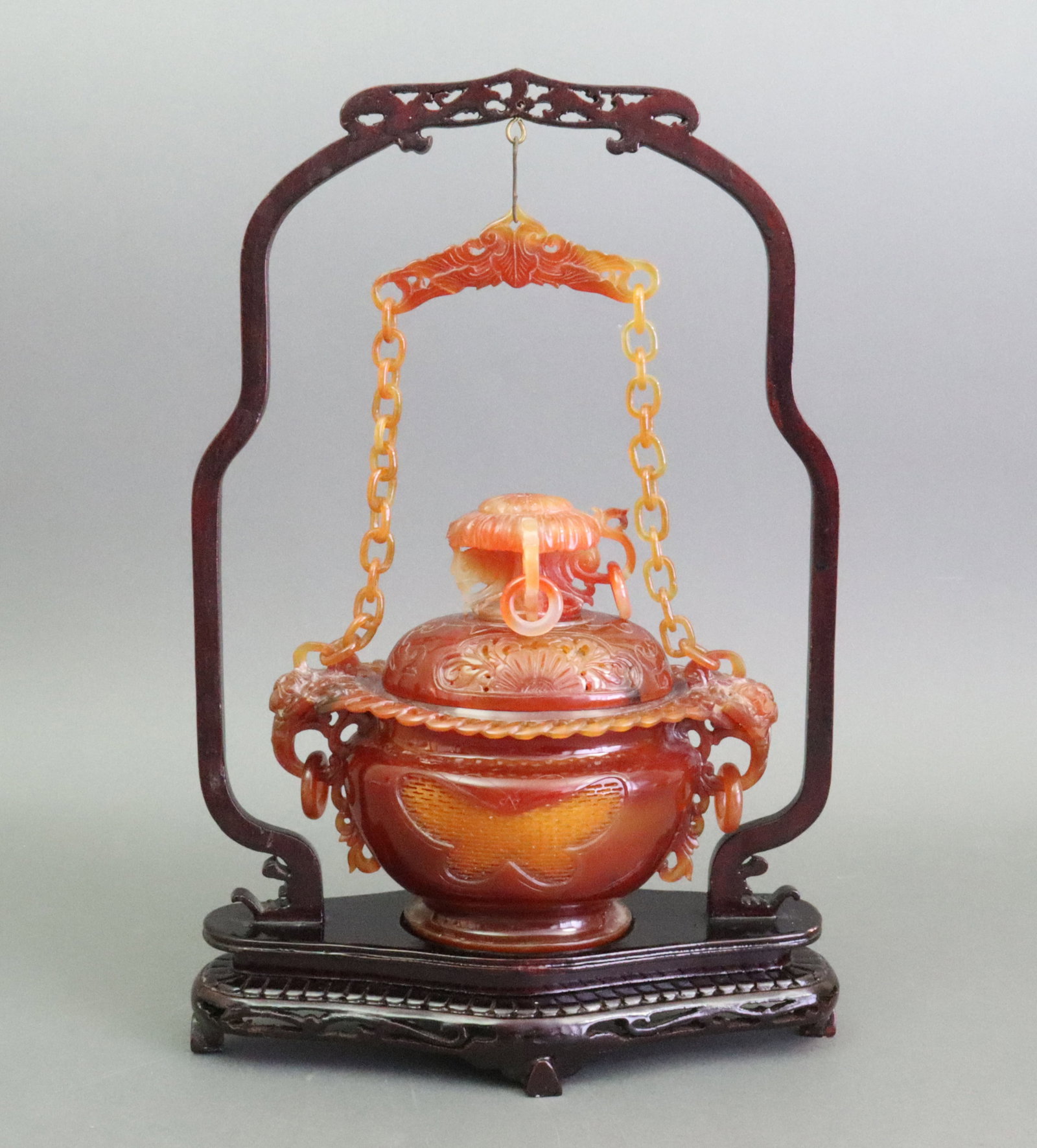 LARGE CARNELIAN AGATE HANGING CENSER W/STAND (1 of 4)