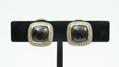 DAVID YURMAN 925/750 SMOKY QUARTZ & DIAM EAR CLIPS