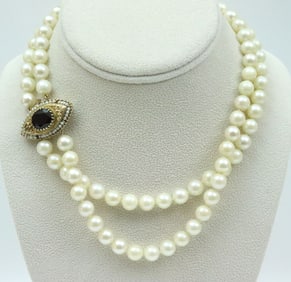 14K PEARL CHOKER WITH RUBY & SEED PEARL CLASP