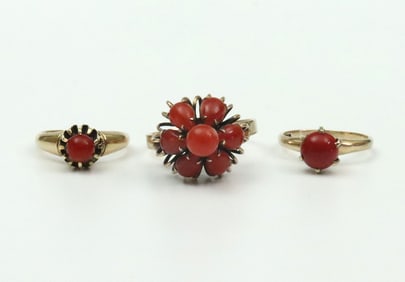 (3) 14K GOLD & CORAL CABOCHON RINGS