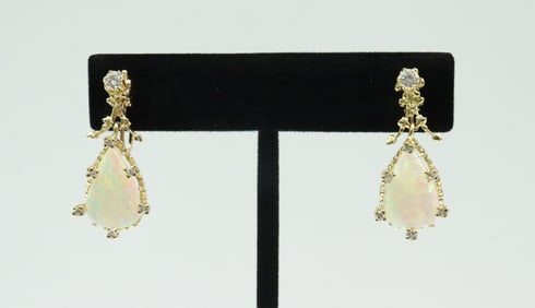 PAIR 14K DIAMOND & OPAL SCREW BACK EARRINGS