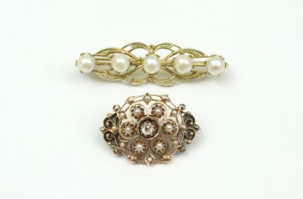14K SEED PEARL & DIAMOND PIN, AND A PEARL BAR PIN