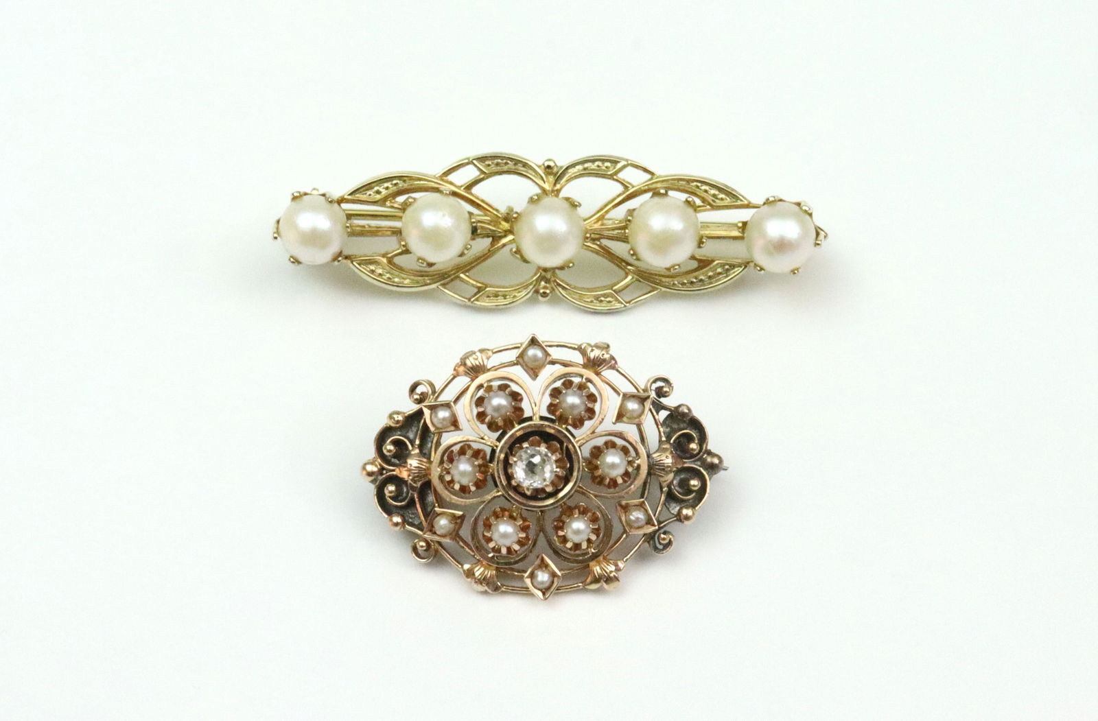 14K SEED PEARL & DIAMOND PIN, AND A PEARL BAR PIN (1 of 2)
