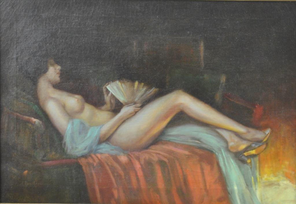 ANTON KOZAKIEWICZ (Polish, 1841-1929): "Reclining Nude with Fan", oil on canvas, signed lower left, 18x26in.