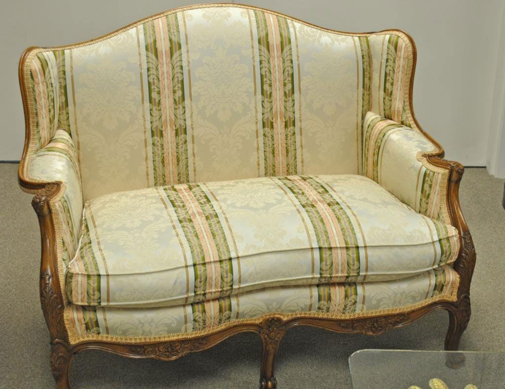 PAIR OF FRENCH-STYLE SETTEES: damask-upholstered in cream, green and salmon tones, 39x50x25in.