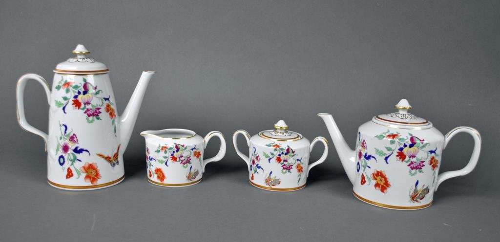 4-PIECE MOTTAHEDEH PORCELAIN COFFEE & TEA SERVICE: marked Historic Charleston Reproductions, includes coffee & tea pots, creamer and sugar, tallest 9in.