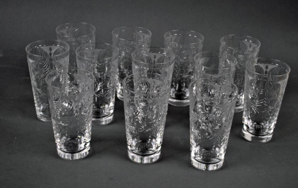 SET OF 12 HAWKES CUT GLASS TUMBLERS: in floral and swag motif, signed 'Hawkes', 5.5in.
