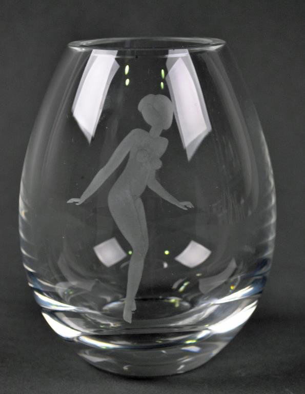 HOLMEGAARD DANISH GLASS VASE: in etched nude design, 4.5in.
