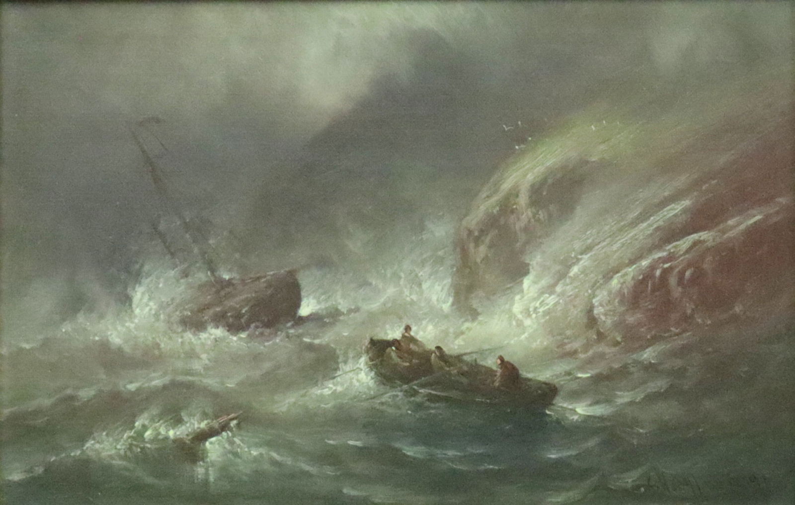 CHARLES HENRY GIFFORD (Massachusetts, 1839-1904): escaping a shipwreck in heavy seas, oil on canvas, signed 'CH Gifford 91' (lower right), UV clean, 8.25x12in., overall framed 14x18in. (frame with gesso losses), Opening Bid $800Note: Previously sold