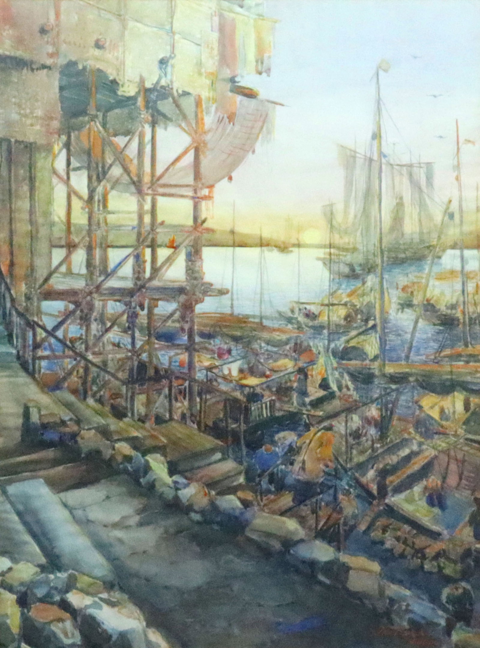 JAN HAL POREL (NY, 1892-1965): 'Ningpo China 1931', watercolor on paper, signed 'Jan Porel, Ningpo China 1931' (lower right), with signed artist's statement verso under glass remarking on this very active genre scene at the