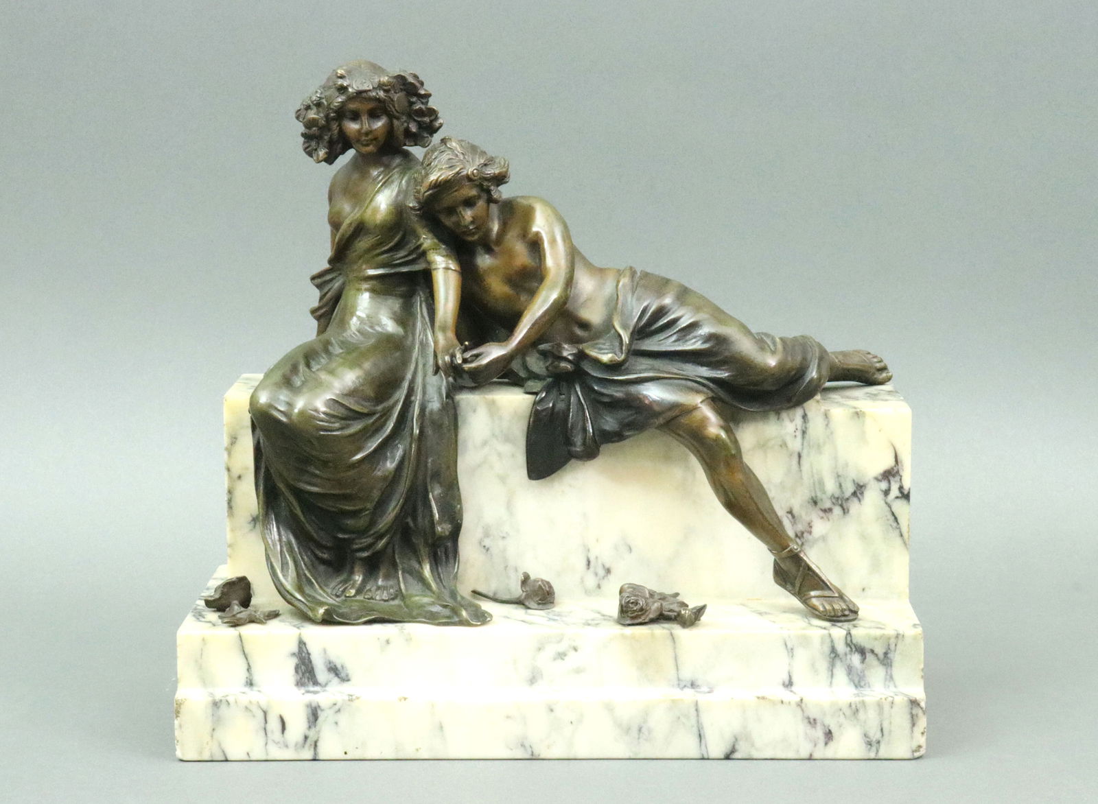 CARL KAUBA (Austrian/American, 1865-1922): depicting a betrothal, bronze on stepped marble base, incised at side 'C. Kauba', minor marble roughness, 9x9.5in.