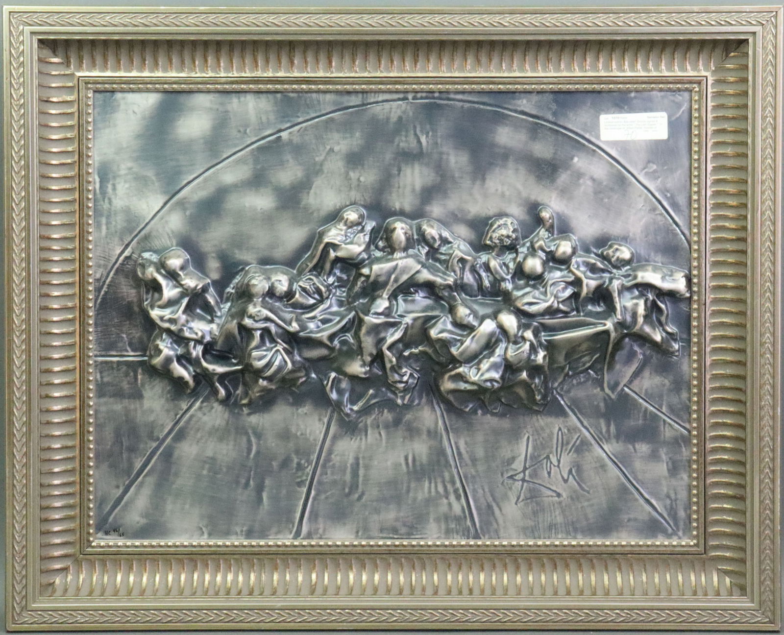 AFTER SALVADOR DALI - THE LAST SUPPER: bas-relief plaque in bronze or aluminum with platinum finish, incised signature (lower right), numbered in ink 'HC 46/65' (lower left), auction sticker affixed to top right of plaque, 18x24in.,