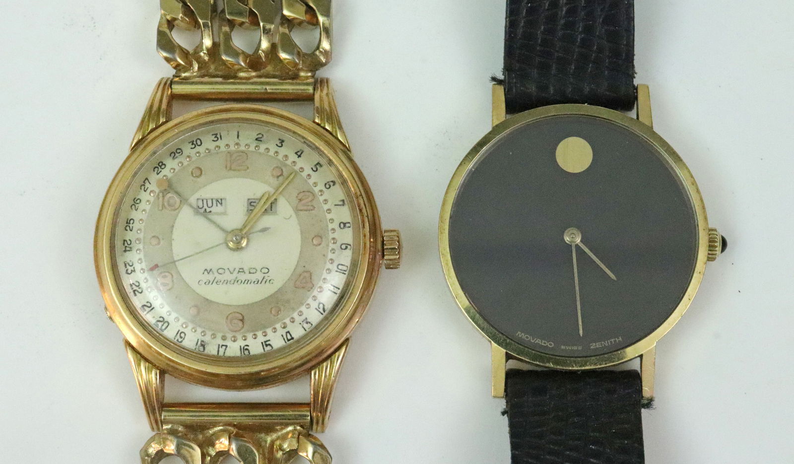 (2) MOVADO GOLD CASE WATCHES INCL.18K CALENDOMATIC: including a Calendomatic 18K case watch (the first automatic triple-calendar watch to market), 33mm case, c.1950, unknown reference, silvered dial stamped 'Movado Calendomatic Switzerland', with gold