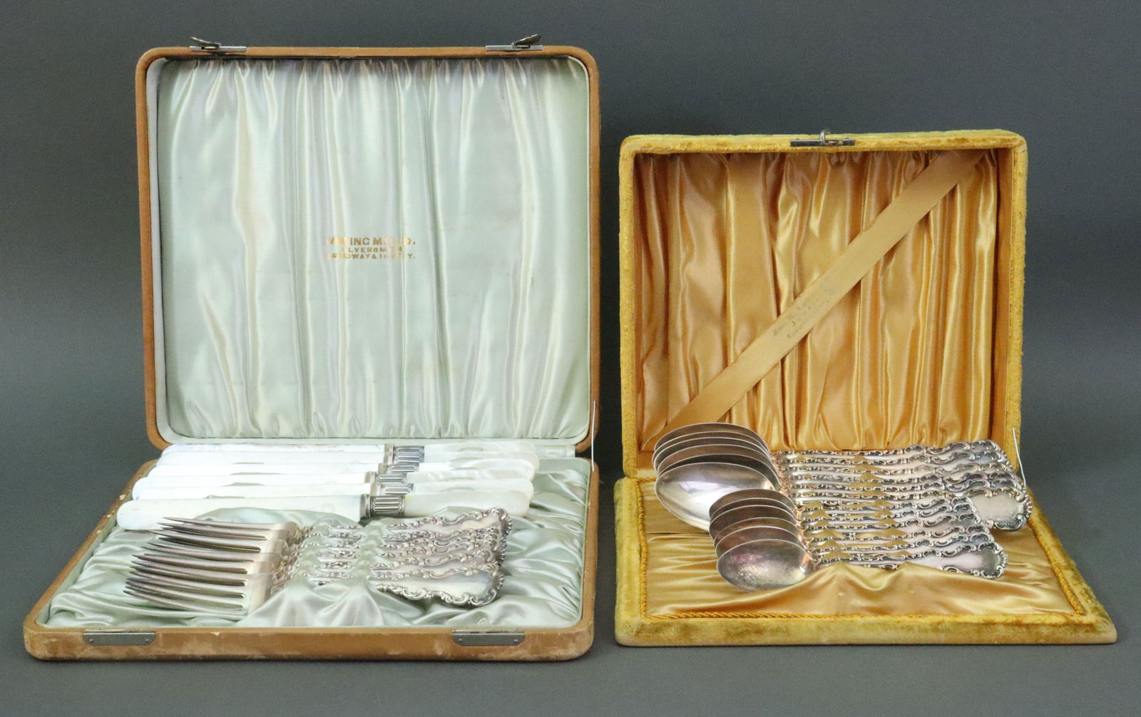 PARTIAL (18) PIECE WHITING STERLING FLATWARE SET: in Louis XV pattern, includes 6 each place forks (7.5in.), soup spoons, and teaspoons, no monograms, 23.2ozt., together with a set of 6 mother of pearl handled silverplate knives, the whole found in