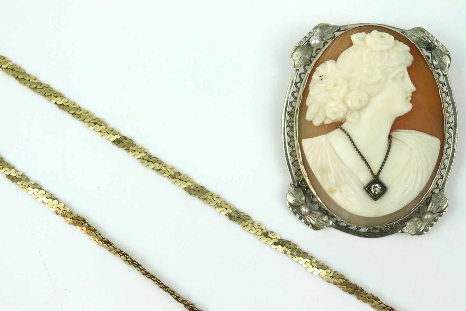 (2) PIECE 14K JEWELRY GROUP: including a yellow gold tinsel link neckchain, stamped 585, and with Italian hallmark, 16in., 7.5gms., and a white gold cameo pin pendant with diamond accent, the filigree border accented with 3
