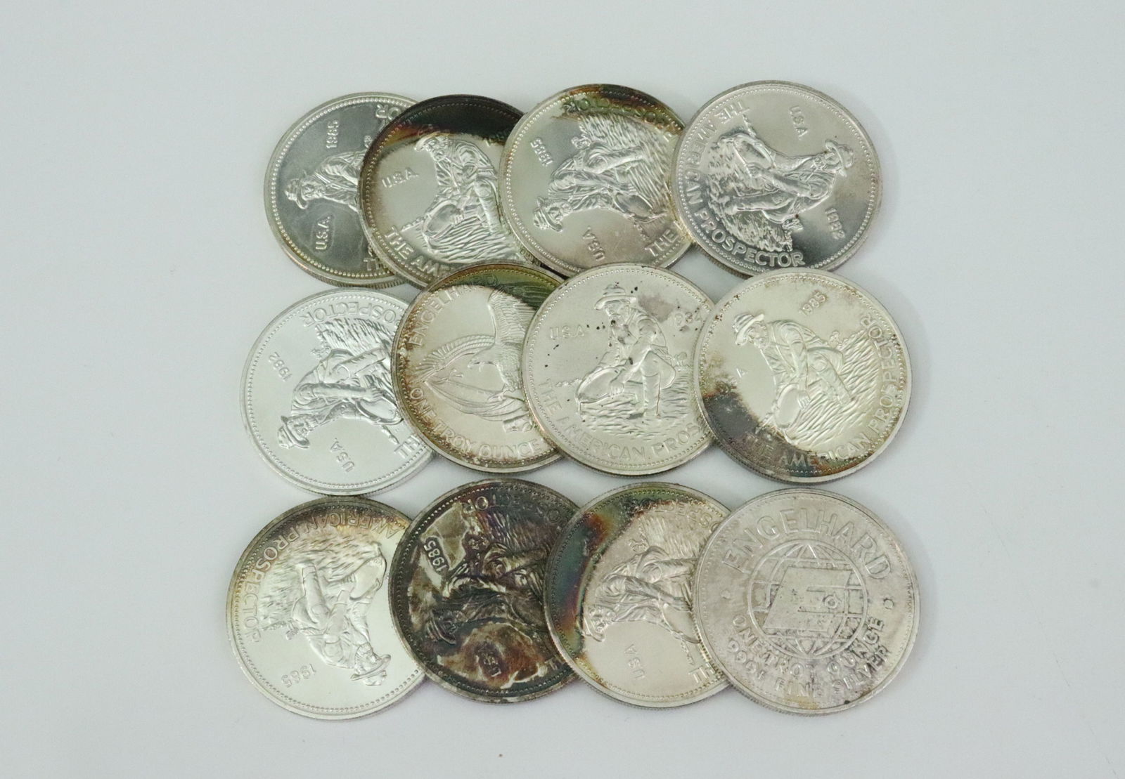 (12) ENGELHARD 1 TROY OZ .999 SILVER ROUNDS: all American Prospector series, 1982-1985, Opening Bid $500
