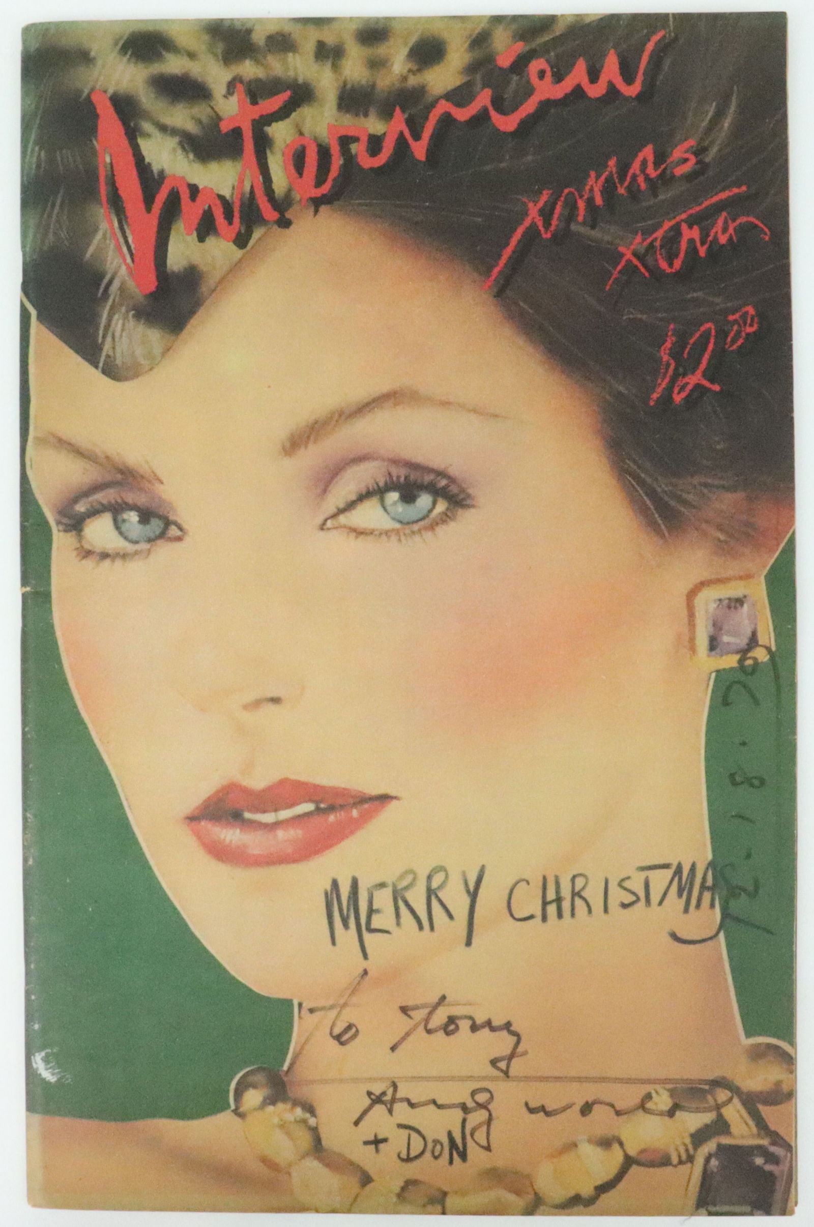 ANDY WARHOL SIGNED INTERVIEW MAGAZINE: December 1979, Vol. IX No. 12, Priscilla Presley cover, Andy Warhol publisher, signed at bottom cover, inscribed to the consignor "MERRY CHRISTMAS / to Tony / Andy Warhol / + DON", and dated