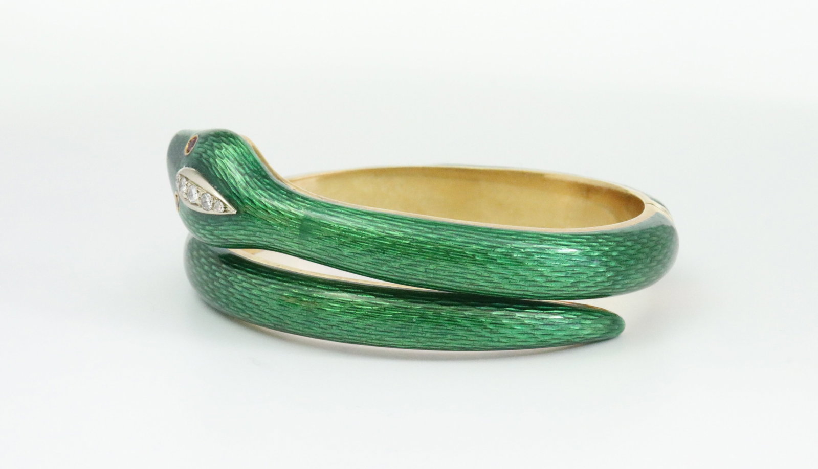 ITALIAN 18K DIAMOND, RUBY & ENAMEL SNAKE BANGLE - 2