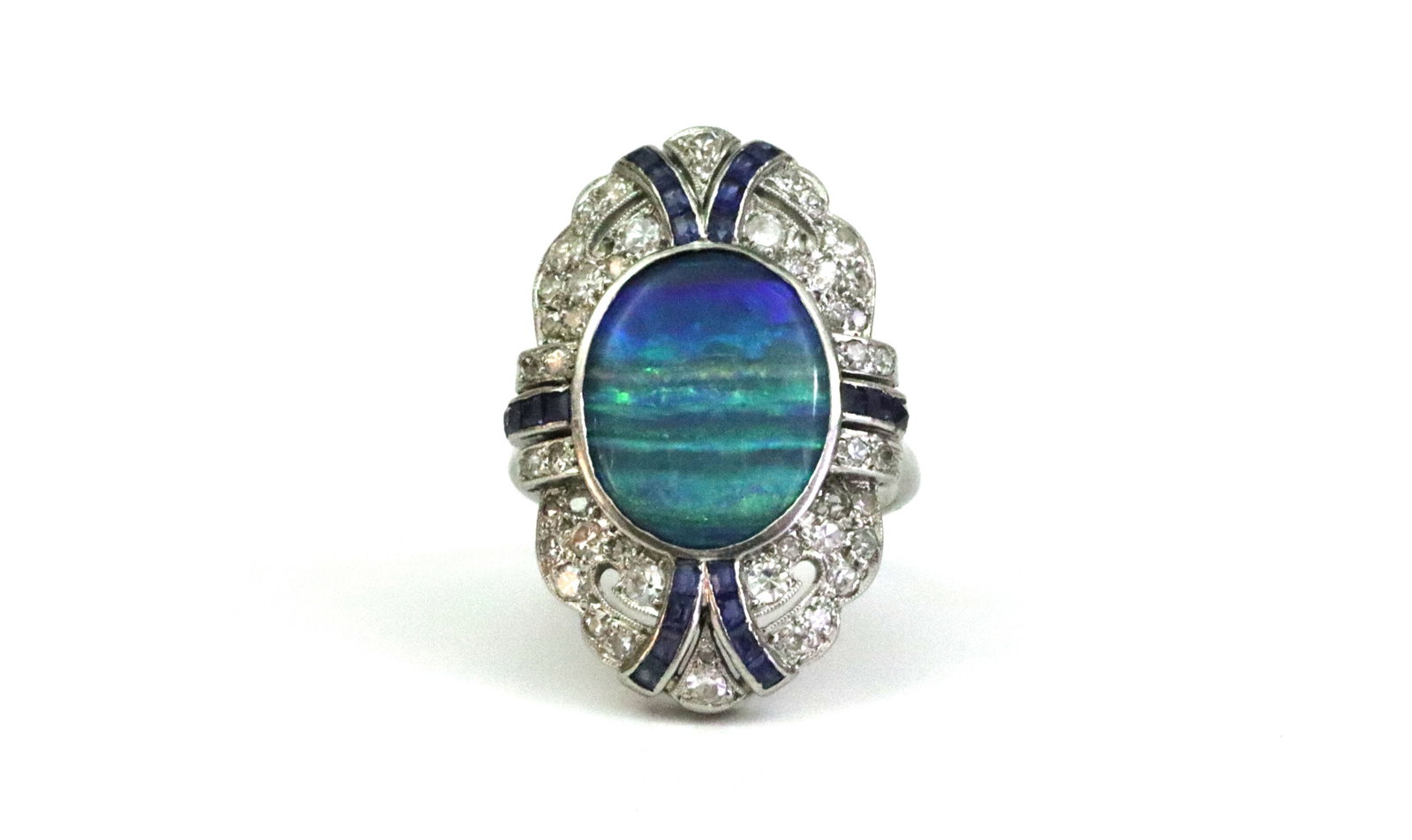 ART DECO BLACK OPAL, DIAMOND & SAPPHIRE RING (1 of 7)