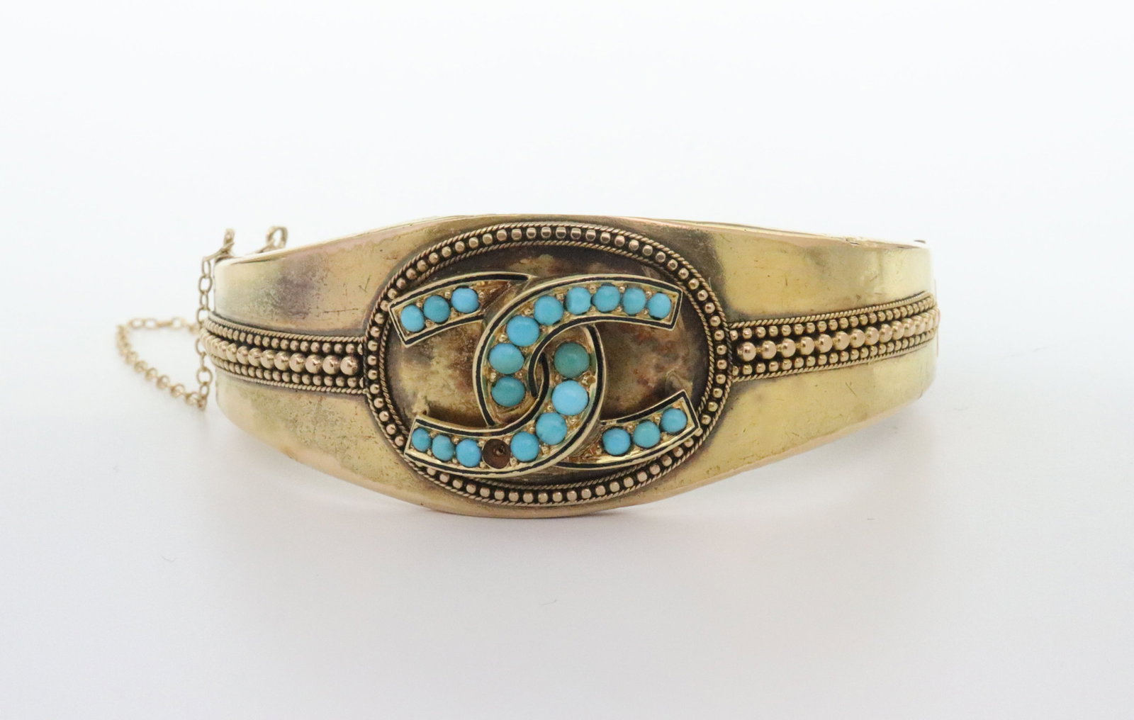 14K TURQUOISE SIDE HINGED BANGLE, AS-IS CONDITION