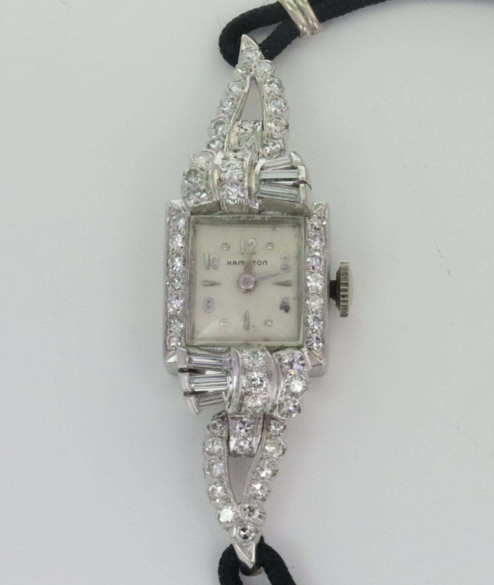 LADIES HAMILTON PLATINUM & DIAMOND CASE WATCH (1 of 3)