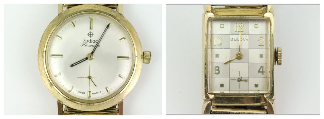 (2) VINTAGE WATCHES - 14K & GOLD FILLED: includes a 33mm 14K case watch by Zodiac, dial stamped 'Zodiac Hermetic Swiss Made', crown present but loose, and a 22x37mm (including lugs) 10K gold filled Bulova with checkerboard dial, both with se