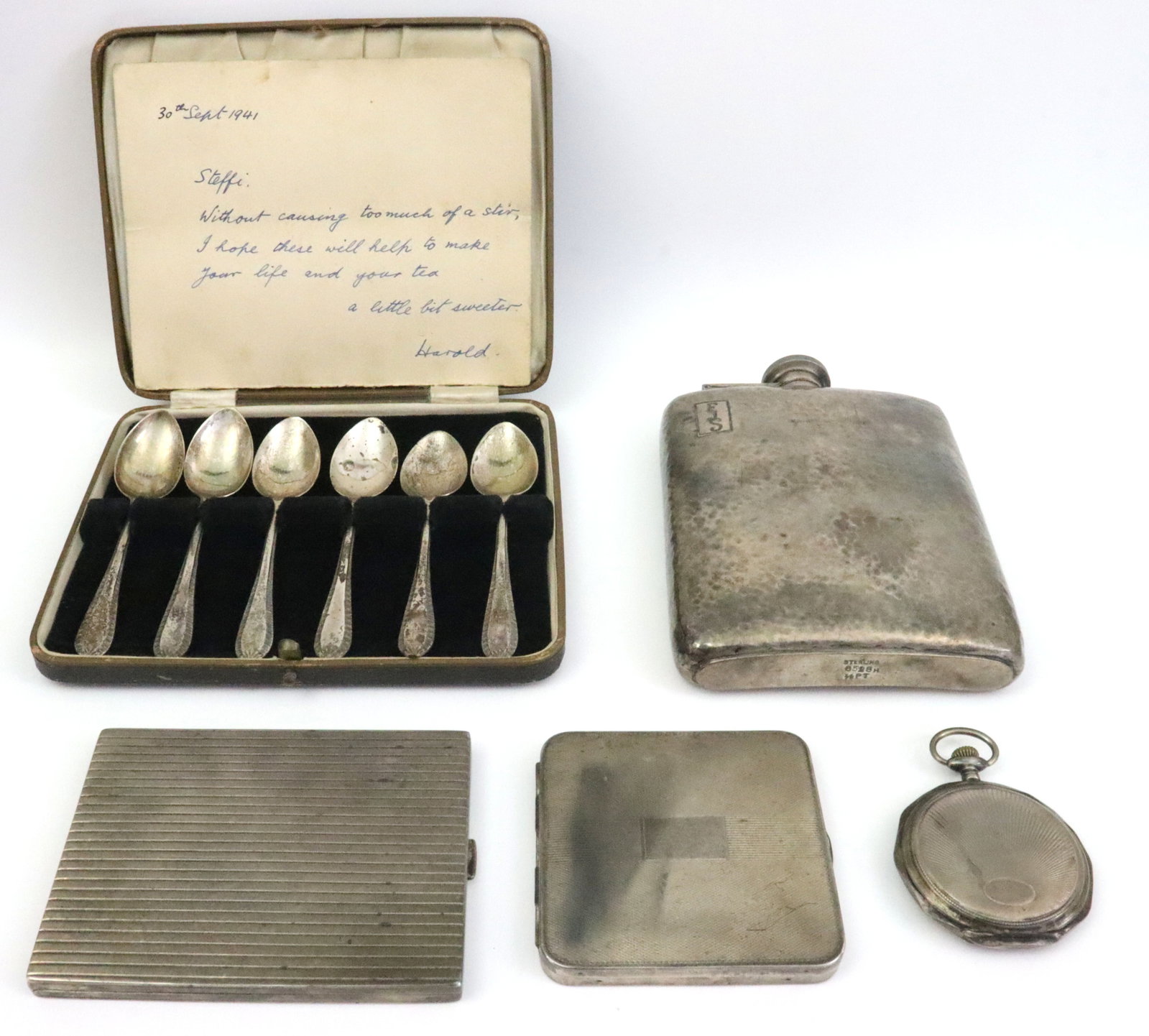 (15) PIECE SILVER GROUP: including 5 sterling teaspoons by Henry Hebbard in Ivy pattern, stamped sterling and Pat 1866, a boxed set of 6 sterling British demitasse spoons by Sheffield, E. Viners, 1938, a large 1/2 pint sterli