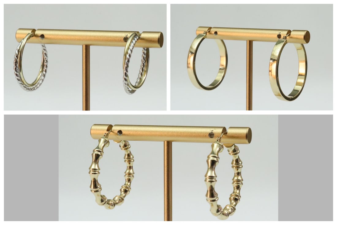 (3) PAIRS OF HOLLOW GOLD HOOP EARRINGS: including a double row bicolor pair stamped '14K Italy', a pair of bamboo hoops, and a pair of wide link hoops, each stamped '14K EG', largest diameter 1.1in., gross weight 6.3gms., Opening Bid $300
