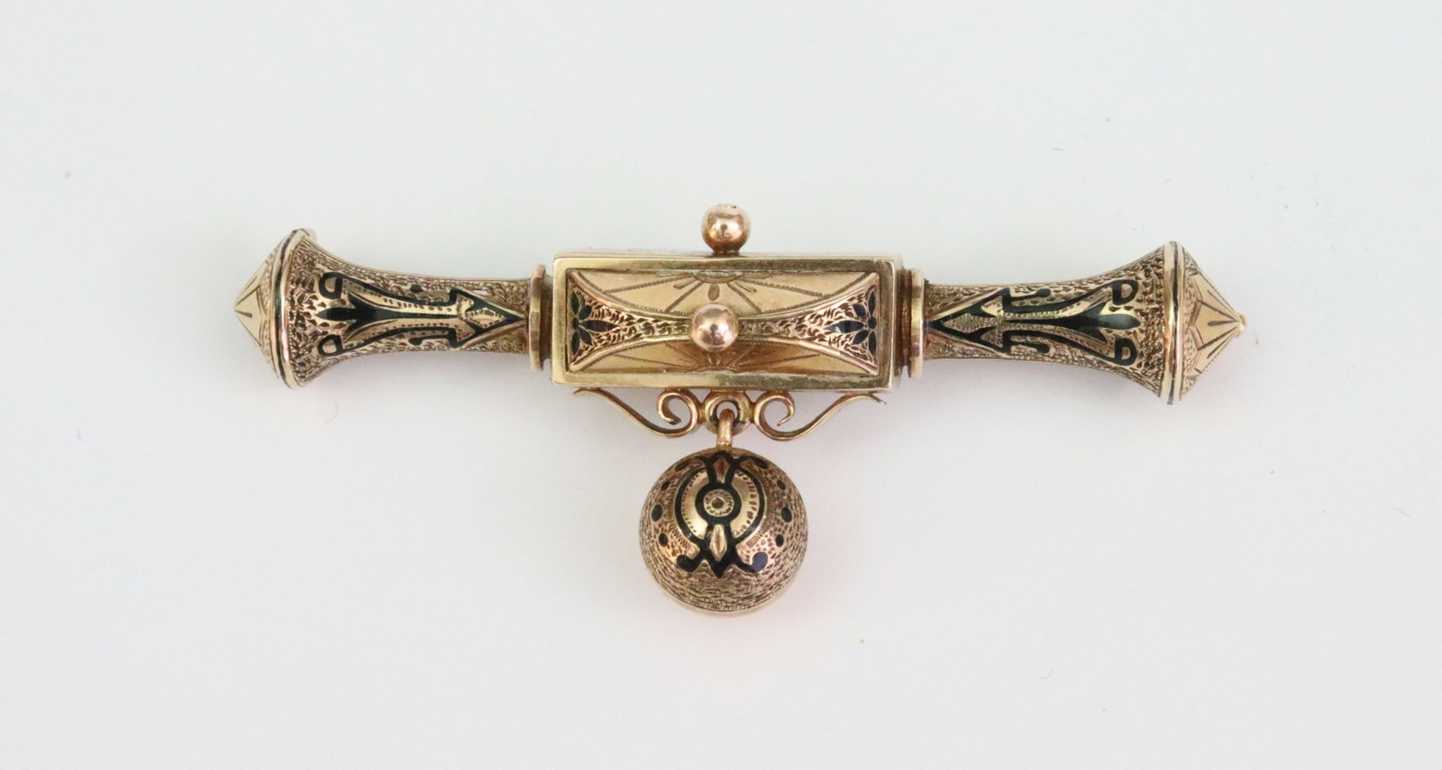 14K VICTORIAN ENAMELED BAR PIN: with dangling ball drop, tests 14K, 2in., 5gms., Opening Bid $200