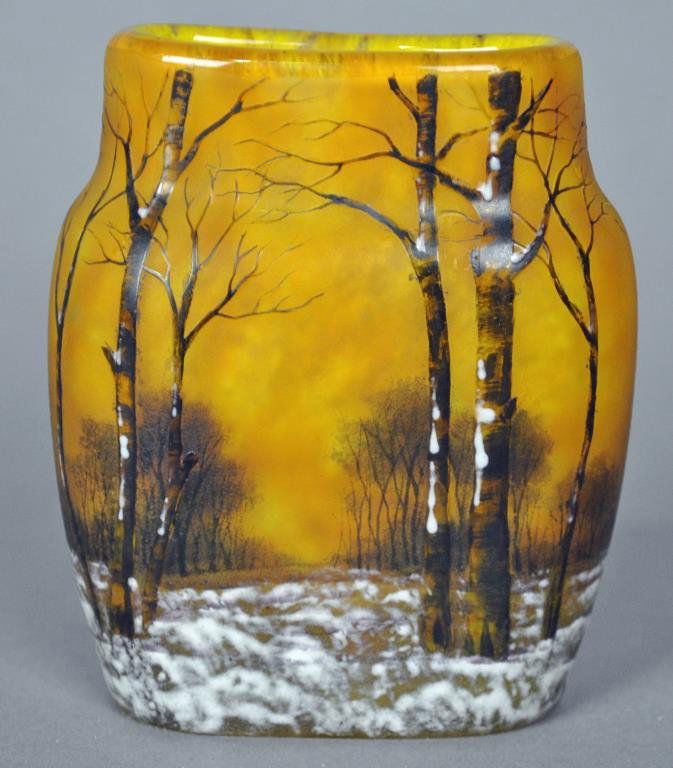 DAUM NANCY MINIATURE CAMEO GLASS VASE: enamel-decorated depicting a winter scenic, signed on base, 3.5in.
