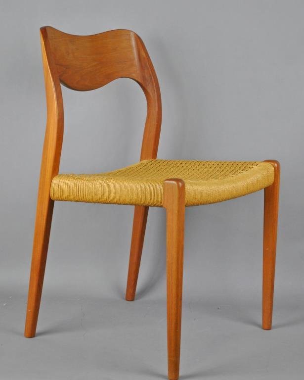 J.L. MOLLER SET OF 6 DANISH TEAK CHAIRS, MODEL #71: with woven papercord seats, most with label of Moller, 31x19x17in., purchased 1975 in Northampton, MA