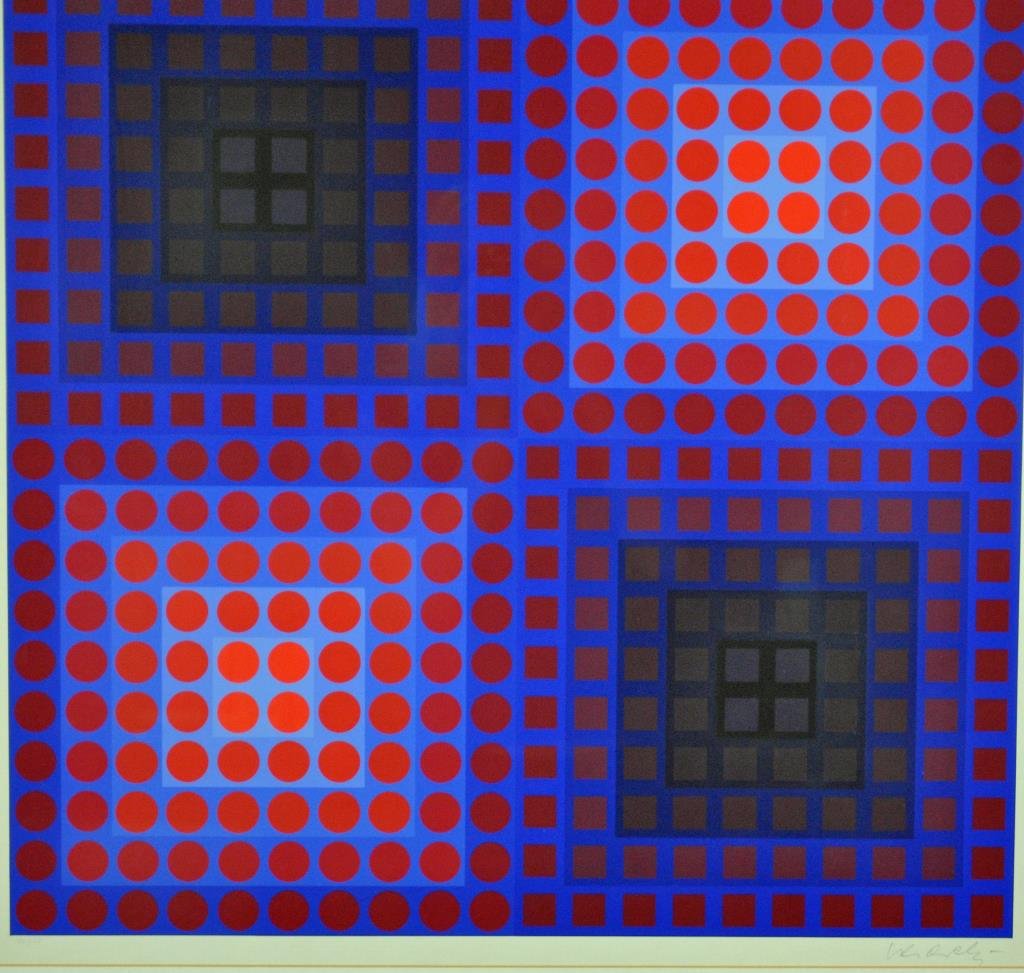 VICTOR VASARELY (Hungarian, 1908-1997): serigraph, likely from the "Permutations" suite, signed lower right in pencil, numbered 100/150, with the blind stamp of the publisher, Editions Denise René, Paris, 25x25in.