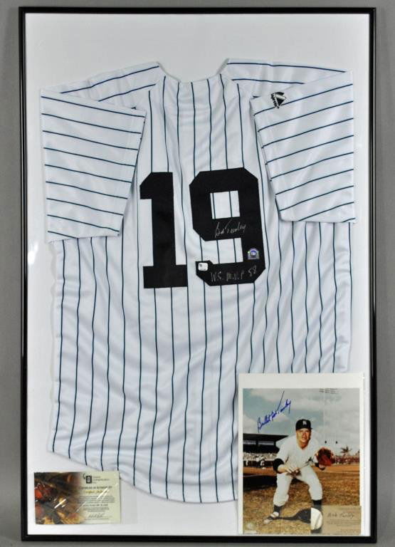 NY YANKEE MVP PITCHER BOB TURLEY SIGNED JERSEY: in pin stripes, signed in silver on the player numeral 9, alongside the Global authentication sticker #GP81306, Major League Baseball hologram, and the lettering W.S. M.V.P. 58, denoting his being vot