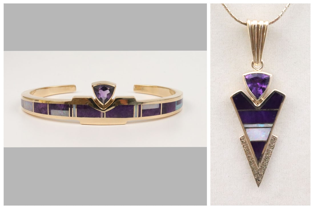 RAY TRACEY 14K NAVAJO BRACELET & PENDANT SUITE: comprising a cuff bracelet and pendant each with amethyst and opal inlay surmounted by a 1.00ct trillion cut amethyst stone, each in yellow gold stamped 'Tracey II 14K', and with maker's mark, pendant