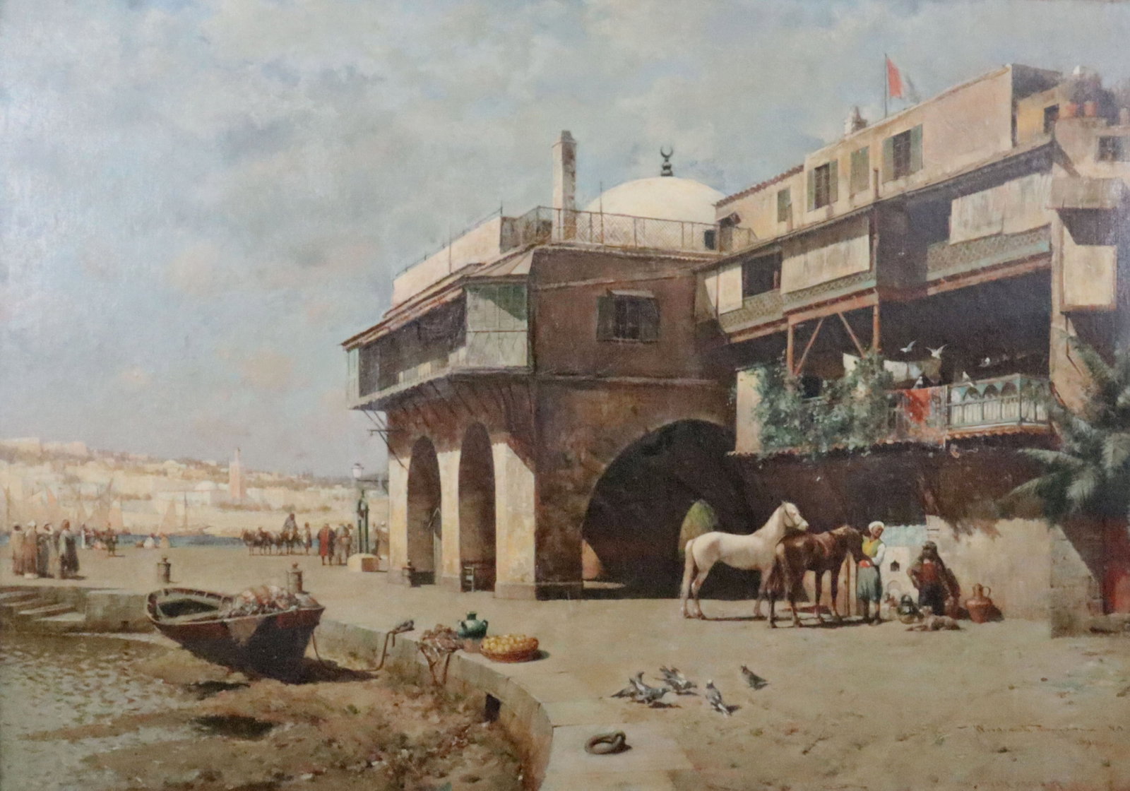 ALFRED WORDSWORTH THOMPSON (American, 1840-1896): 'Old Harbor of Algier', depicting a harborside mosque and a flying French flag, oil on canvas, signed and titled 'Wordsworth Thompson 1890' / 'The Harbor of Algier' (lower right), placard citing