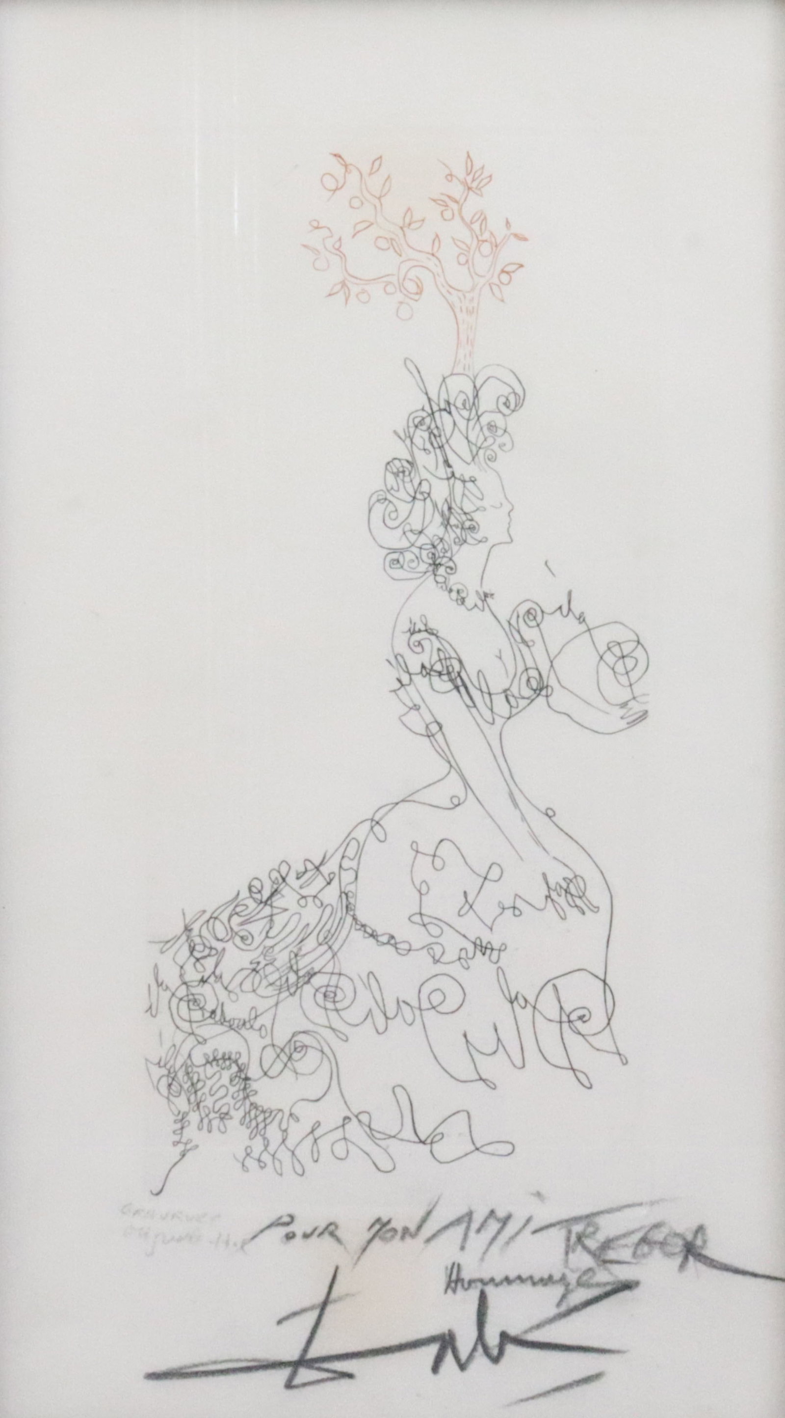 SALVADOR DALI (Spanish, 1904-1989): "La Dame de l'Orangerie" (The Lady of the Orangery), 1967, original etching with tree motif in orange, signed in pencil in the lower margin and inscribed with a dedication: "Pour mon ami Tregor [?] /
