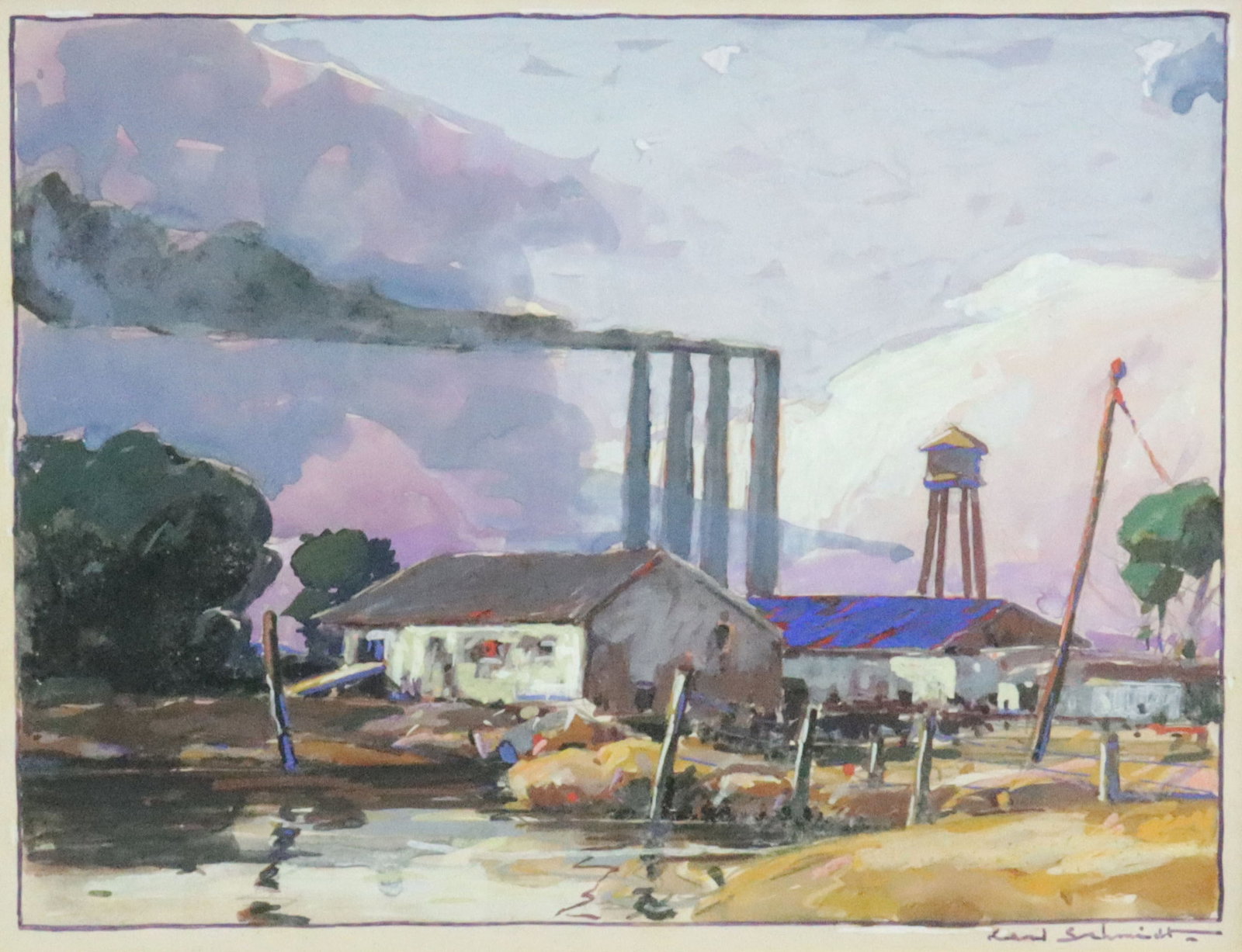 KARL SCHMIDT (Worcester, MA, 1890-1962): industrial landscape with smoke stacks and a water tower, gouache on paper, signed Karl Schmidt (lower right), UV clean, image 9x12in., overall framed 15.5x18.5in. (minor frame nicks)