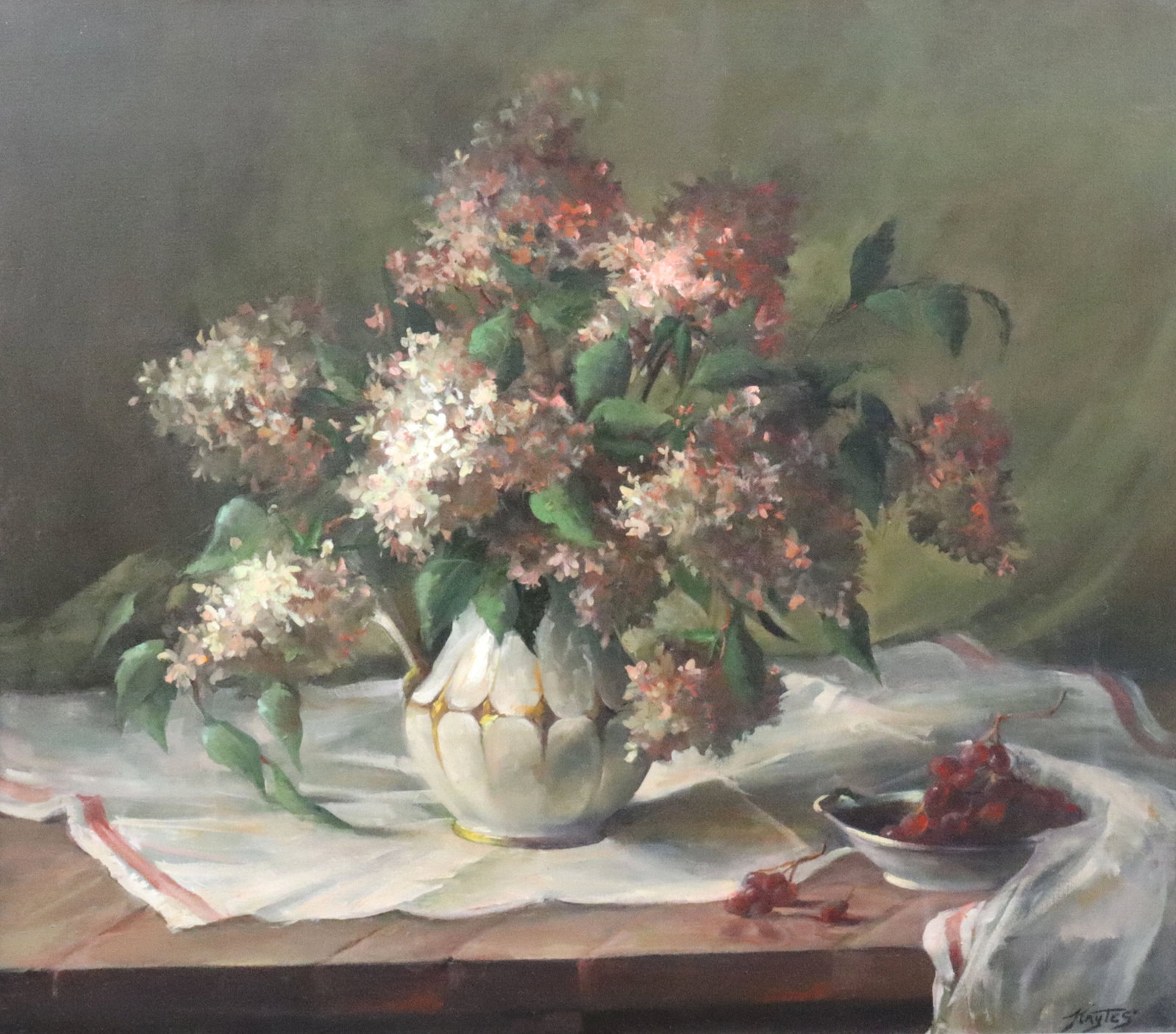 ELIZABETH (BETTY) L. KAYTES (NJ, 1922-2005): Untitled (Floral Still Life with Grapes), oil on canvas, signed 'Kaytes' (lower right), affixed placard reads: 'Helen DeCozen Award, AAPL Grand National Exhibition, Oil - Floral 1985', UV clean, 30x34