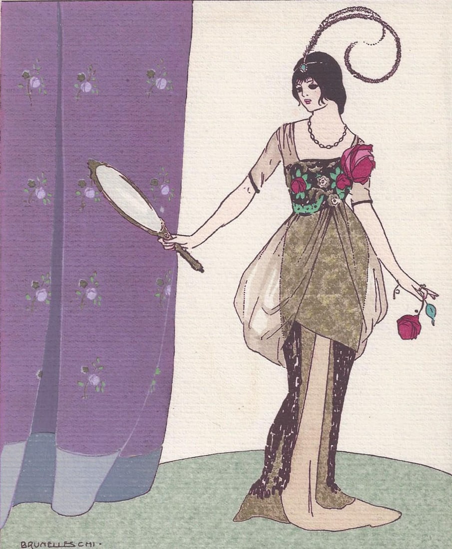 (12) FASHION POCHOIRS AND A LAURENCIN ETCHING: a group of 12 French fashion plates using the pochoir (stencil) coloring technique, c.1912-1913, published by Gazette du Bon Ton, including 'Sur la Terrasse' by Gose, 'Diane' by Marty, 'Puis-je entrer