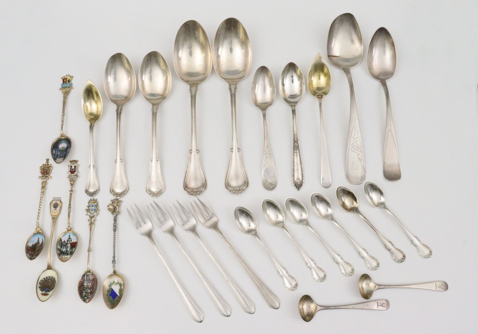 (28) PIECE STERLING & 800 SILVER FLATWARE GROUP: sterling includes a set of 6 Towle demitasse spoons in French Provincial pattern, 5 assorted Gorham spoons in Villa Norfolk pattern (3 monogrammed), a set of 4 Towle seafood forks in Lady Diana