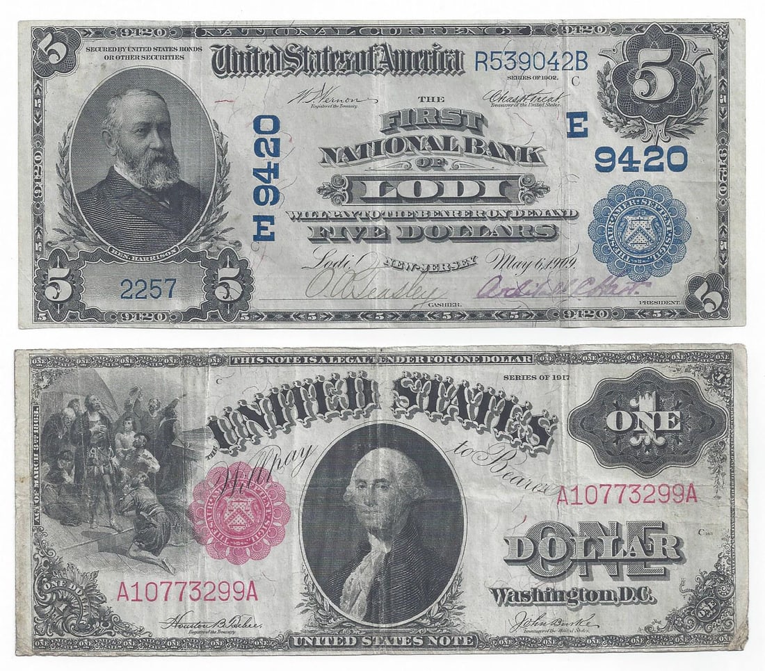 (4) PIECE US CURRENCY GROUP: large size bills includes a 1909 $5 National Currency note, National Bank of Lodi (NJ), a 1917 $1 Sawhorse Legal Tender note, and a 1923 Silver Certificate (small tear at right), together with a 1935