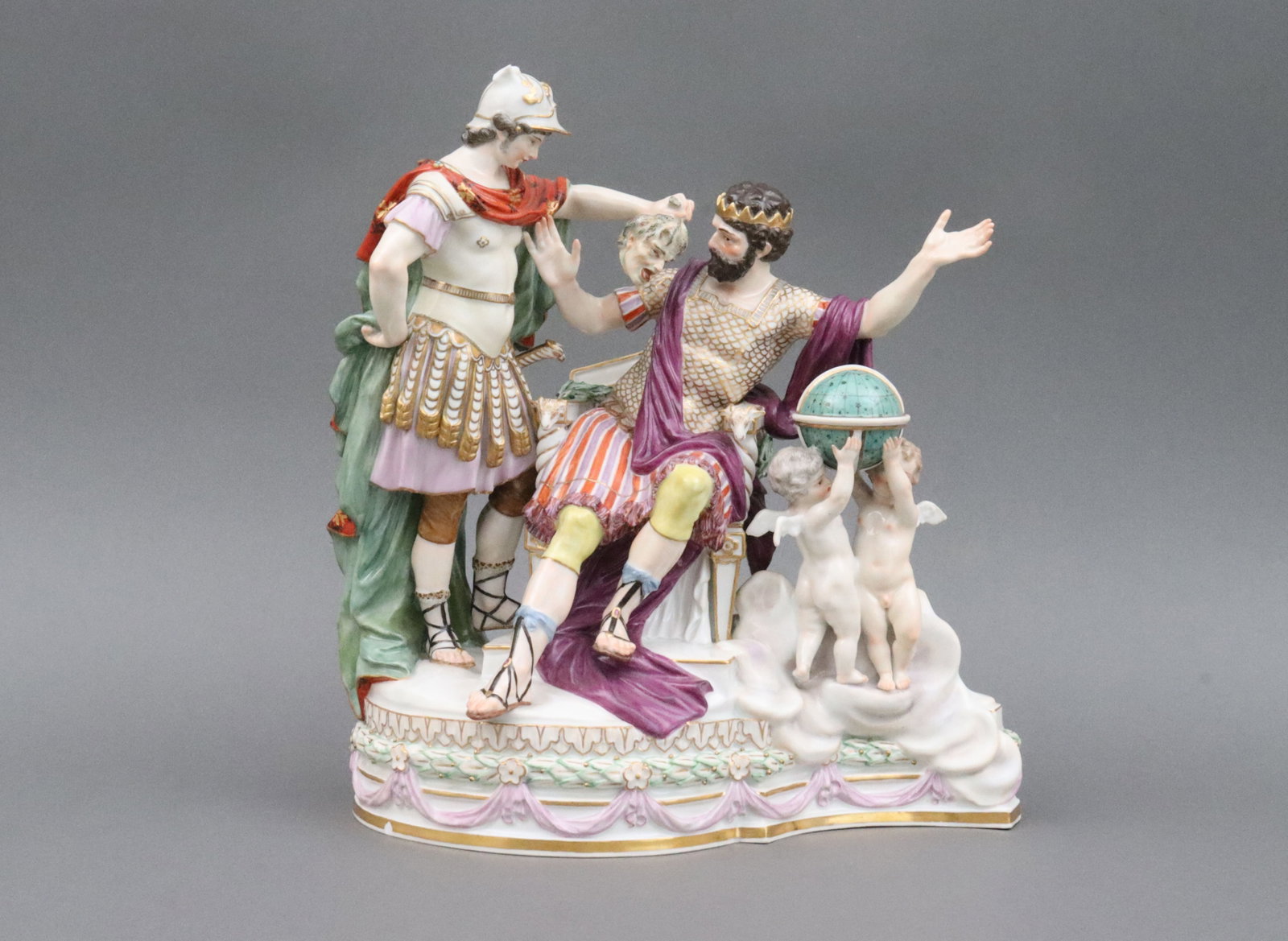 MEISSEN ALLEGORICAL PLATEAU GROUP- HEAD OF POMPEY: the head of Pompey presented to Julius Caesar, blue underglaze Meissen crossed-swords mark with impressed numbers 37 and 98 to underside of base, and number 37 in relief verso base, UV clean,