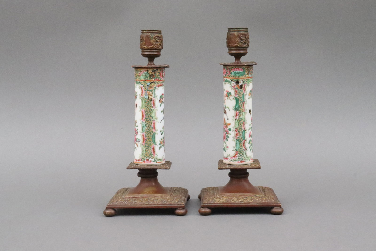 PAIR BRASS-MOUNTED ROSE CANTON CANDLESTICKS - 2