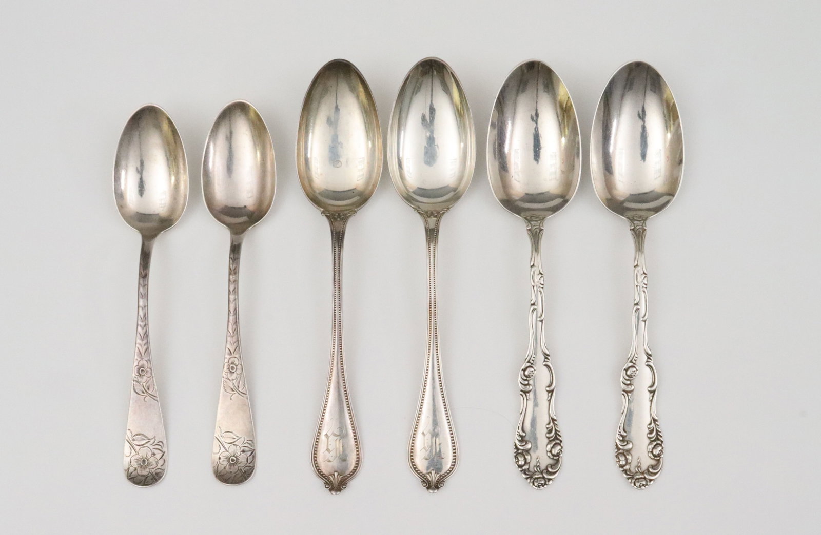 (6) ASSORTED TOWLE STERLING TABLESPOONS: 2 each in Old English, Old Newbury and #43 patterns, all monogrammed, 9.5ozt., Opening Bid $300