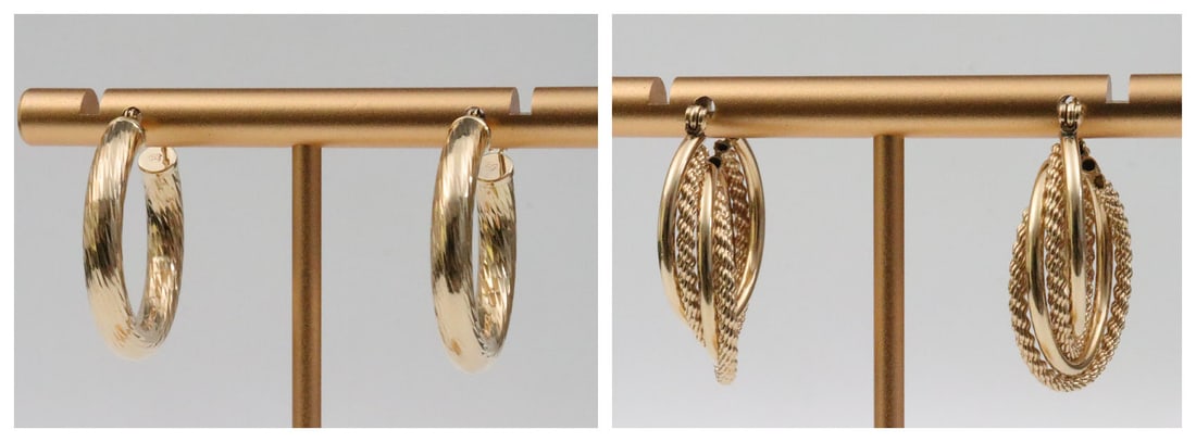 (2) PAIRS 14K HOLLOW GOLD HOOP EARRINGS: including an EternaGold pair in diamond-cut swirl design, test 14K, and a multi-row twisted rope pair (minor darkened gold spots at closure attachments), stamped 14K, each in yellow gold with snap