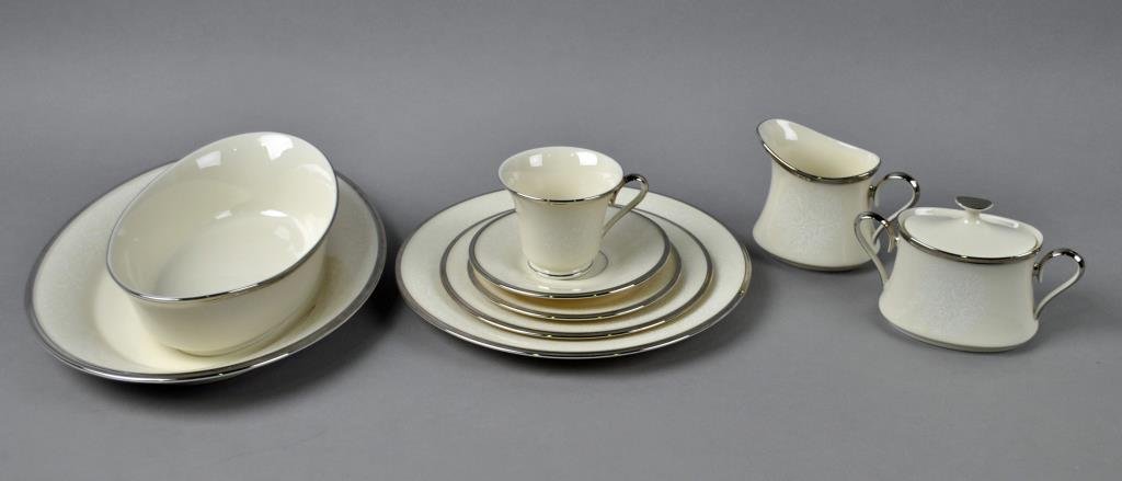 61-PIECE LENOX MOONSPUN CHINA SERVICE: including 11 dinner plates, 12 each salad and bread & butter plates, 11 cups and saucers, a 14" platter, an open vegetable, and a sugar & creamer